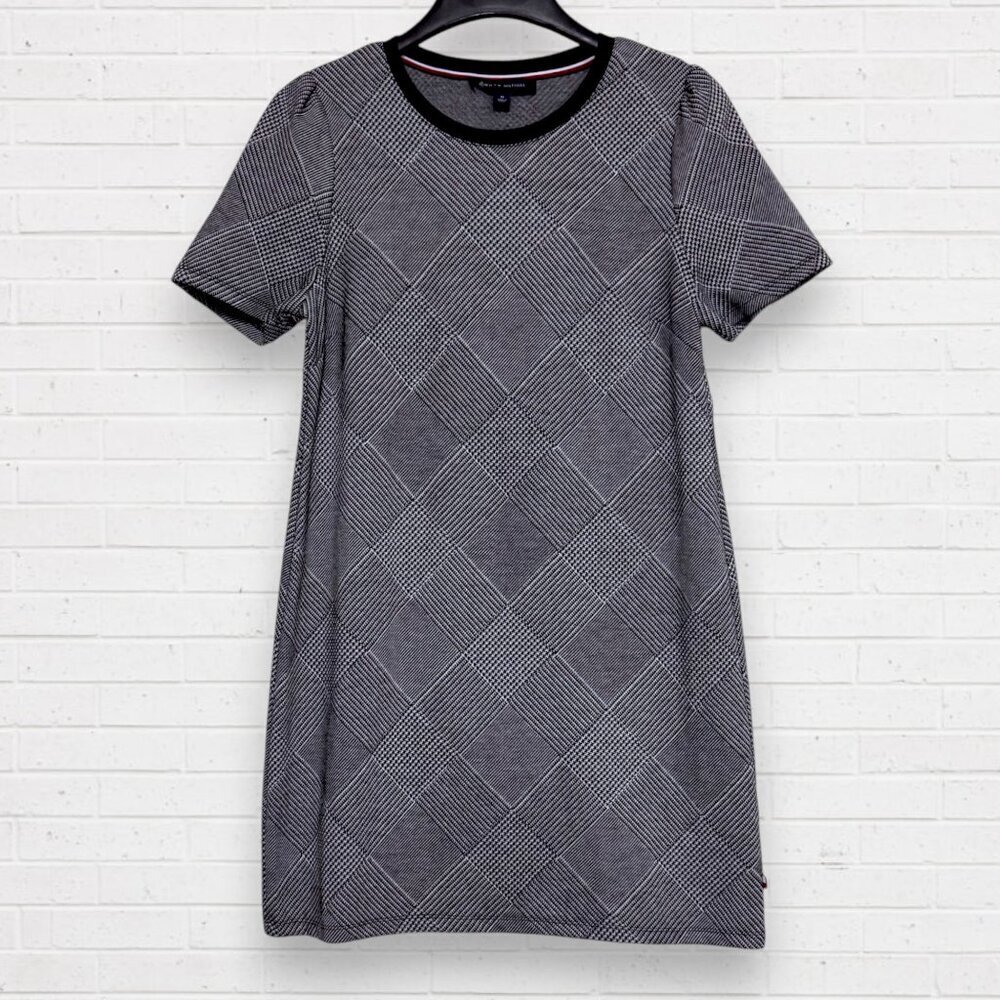 TOMMY HILFIGER Black/White Houndstooth Knit Short Sleeve Shift Dress Womens M